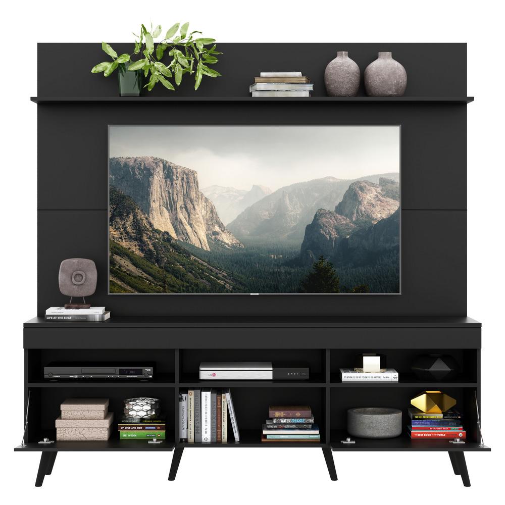 Rack com Painel TV 65" Madri Multimóveis Pés Retrô e Prateleira Preto