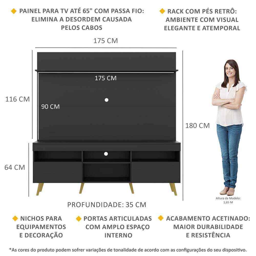 Rack com Painel TV 65" Madri Multimóveis Pés Retrô e Prateleira Preto/Natural
