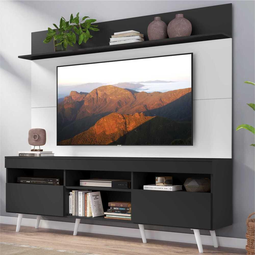 Rack com Painel TV 65" Madri Multimóveis Preto/Branco com Prateleira e Pés Retrô Branco 