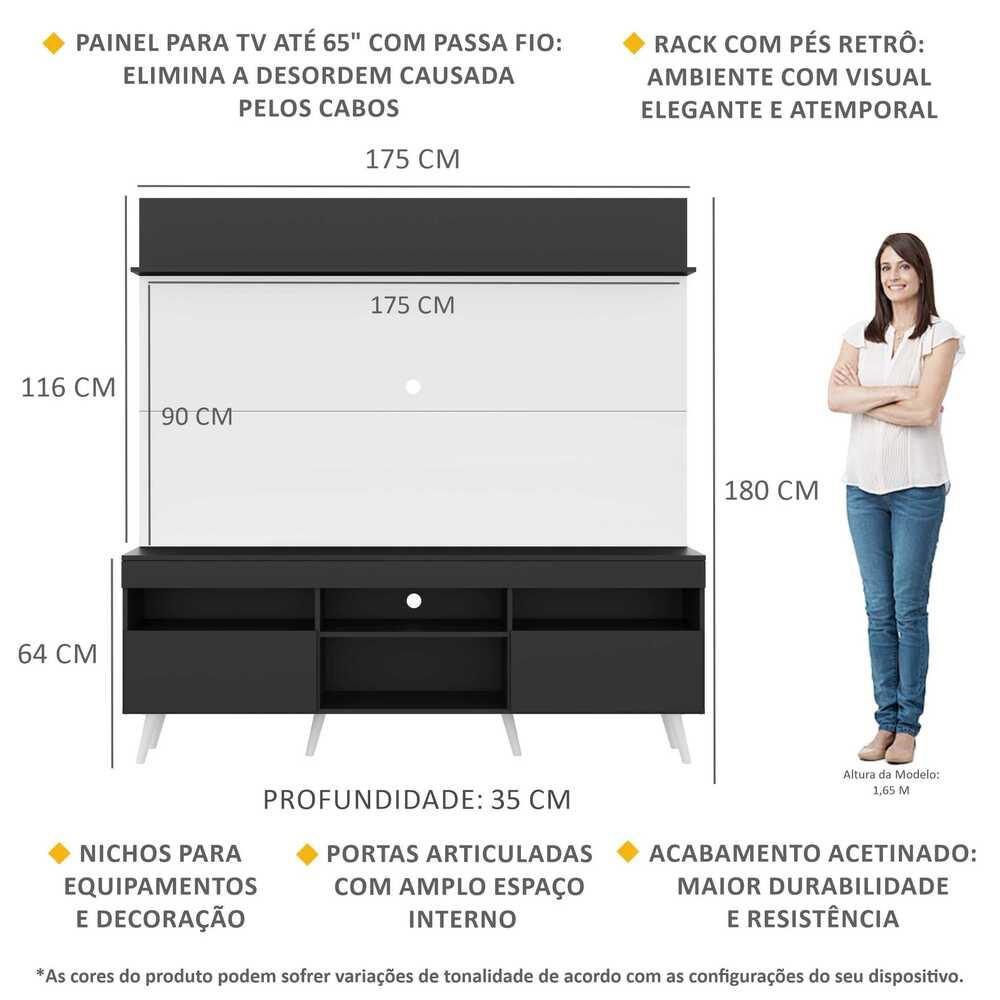Rack com Painel TV 65" Madri Multimóveis Preto/Branco com Prateleira e Pés Retrô Branco 