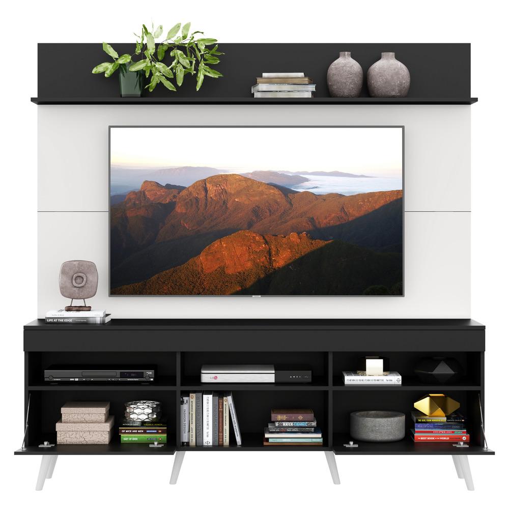 Rack com Painel TV 65" Madri Multimóveis Preto/Branco com Prateleira e Pés Retrô Branco 