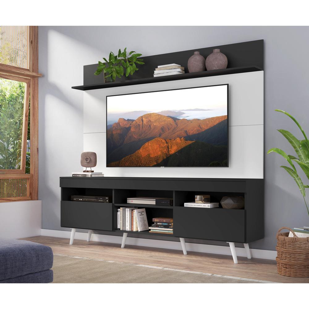 Rack com Painel TV 65" Madri Multimóveis Preto/Branco com Prateleira e Pés Retrô Branco 