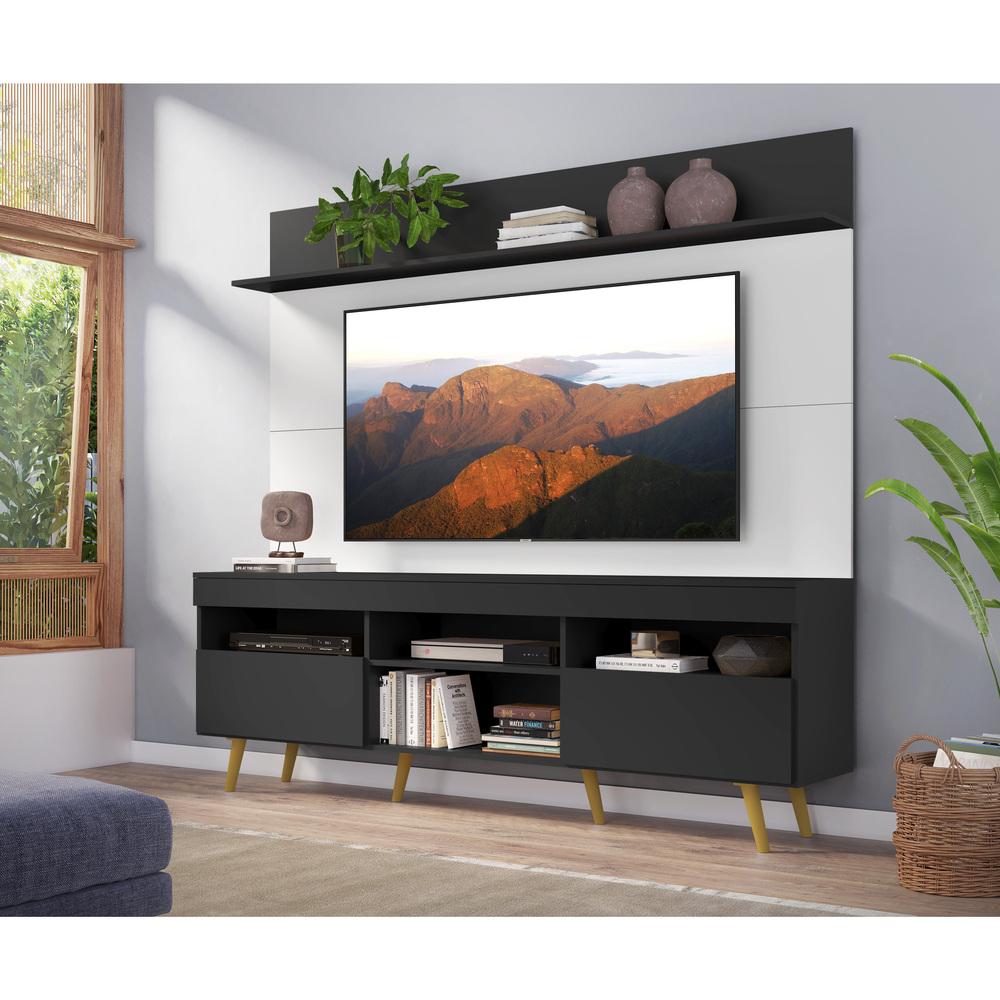 Rack com Painel TV 65" Madri Multimóveis Preto/Branco com Prateleira e Pés Retrô Natural