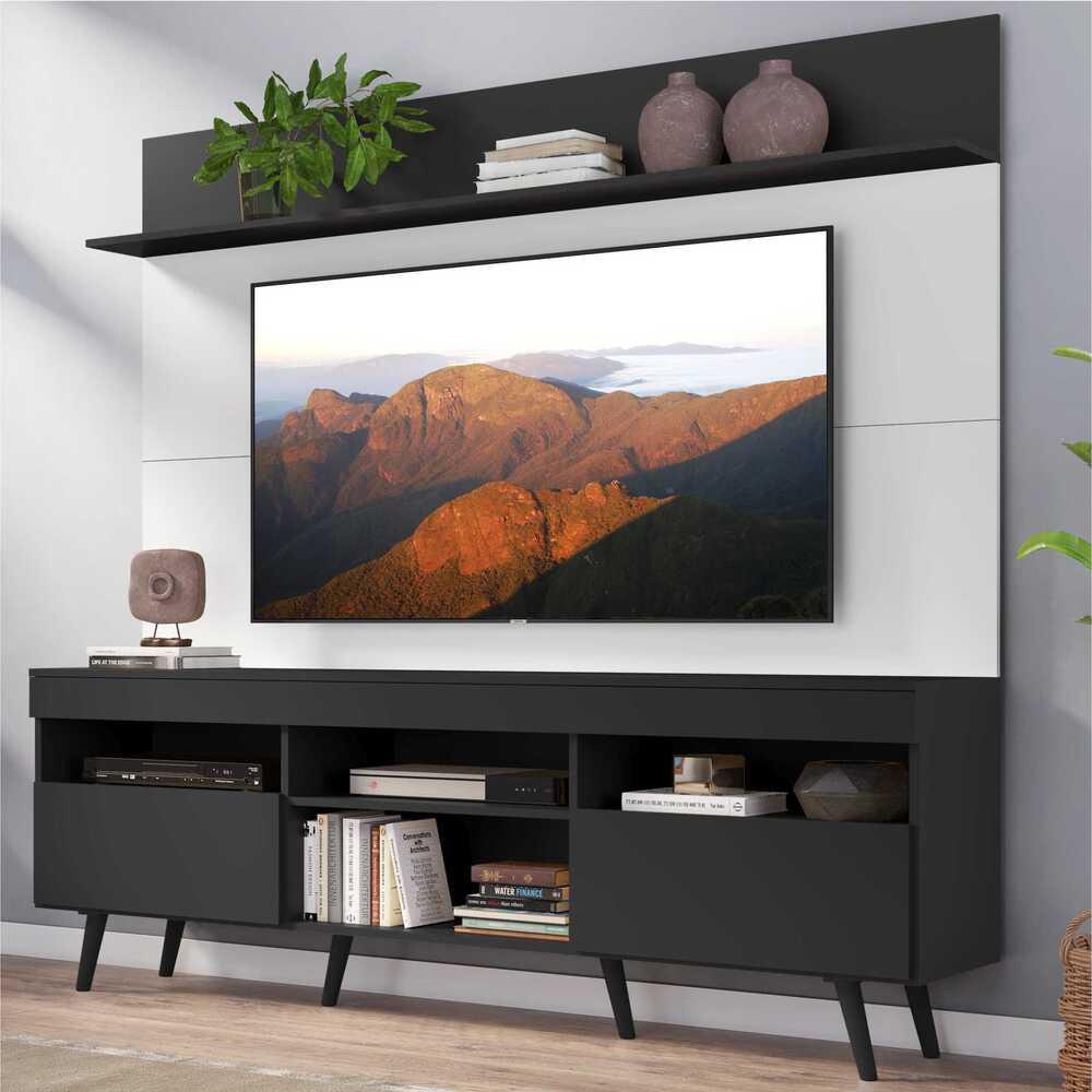 Rack com Painel TV 65" Madri Multimóveis Preto/Branco com Prateleira e Pés Retrô Preto 
