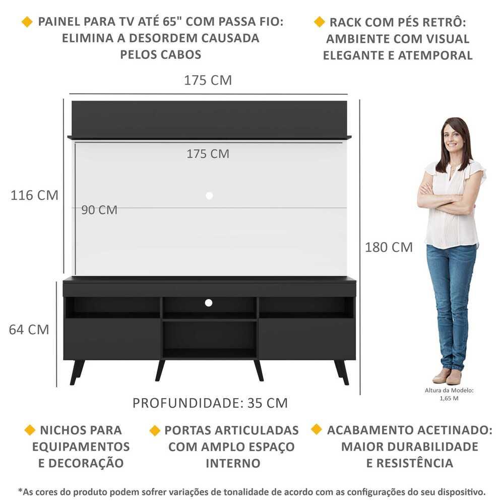 Rack com Painel TV 65" Madri Multimóveis Preto/Branco com Prateleira e Pés Retrô Preto 