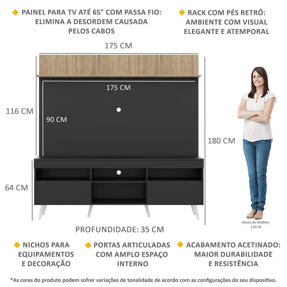 Rack com Painel TV 65" Madri Multimóveis Preto/Rustic com Prateleira e Pés Retrô Branco
