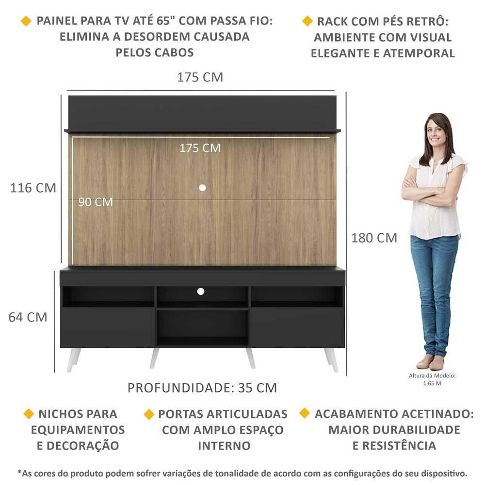 Rack com Painel TV 65" Madri Multimóveis Preto/Rustic com Prateleira e Pés Retrô Branco