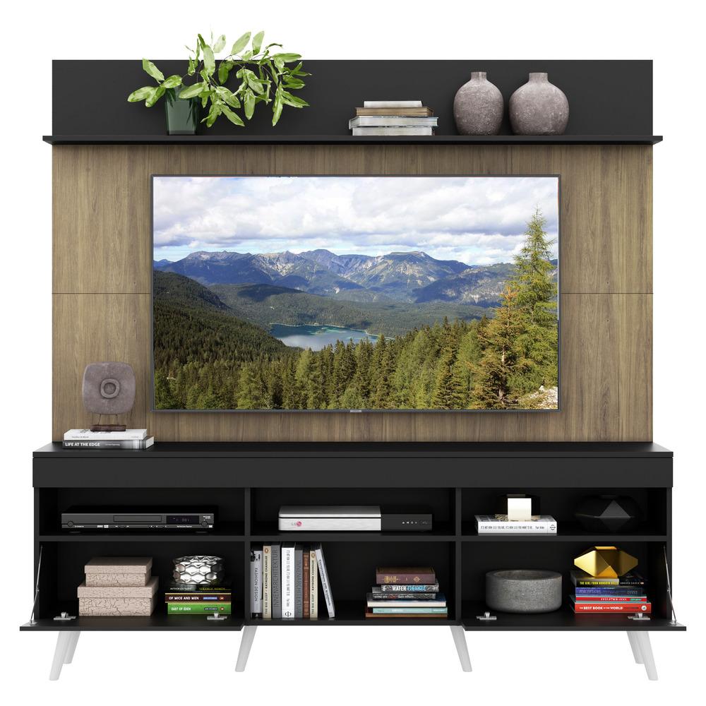 Rack com Painel TV 65" Madri Multimóveis Preto/Rustic com Prateleira e Pés Retrô Branco