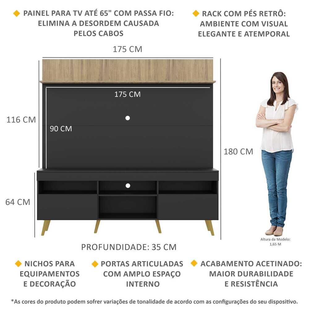 Rack com Painel TV 65" Madri Multimóveis Preto/Rustic com Prateleira e Pés Retrô Natural