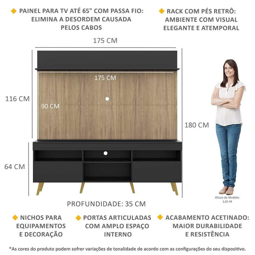 Rack com Painel TV 65" Madri Multimóveis Preto/Rustic com Prateleira e Pés Retrô Natural