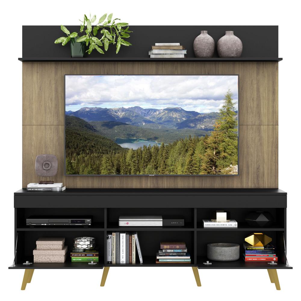 Rack com Painel TV 65" Madri Multimóveis Preto/Rustic com Prateleira e Pés Retrô Natural