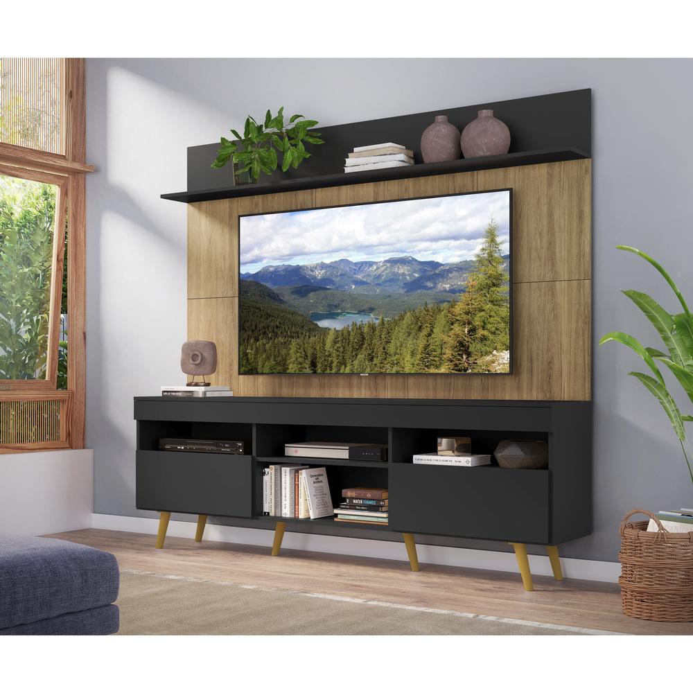 Rack com Painel TV 65" Madri Multimóveis Preto/Rustic com Prateleira e Pés Retrô Natural
