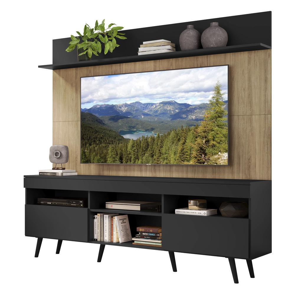 Rack com Painel TV 65" Madri Multimóveis Preto/Rustic com Prateleira e Pés Retrô Preto