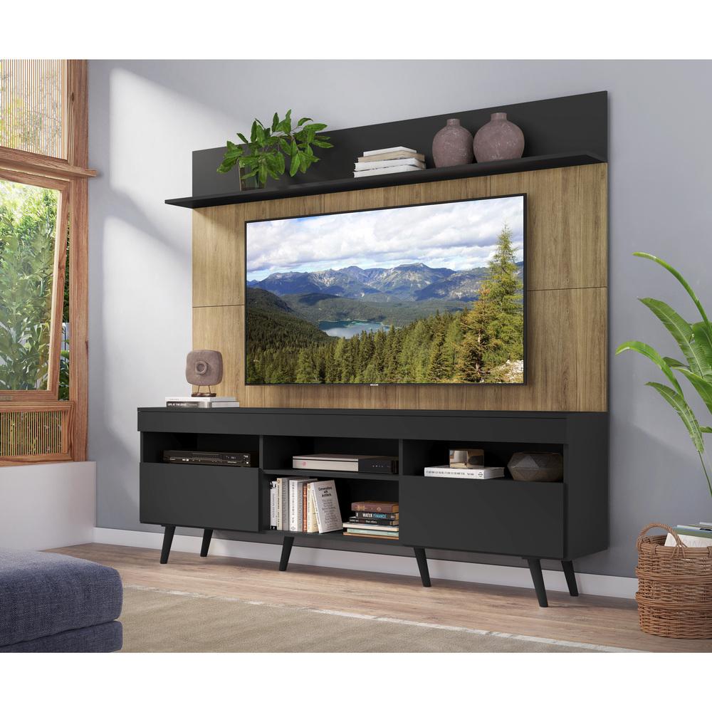 Rack com Painel TV 65" Madri Multimóveis Preto/Rustic com Prateleira e Pés Retrô Preto