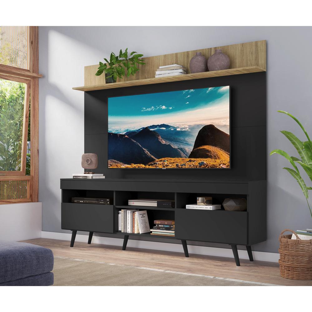 Rack com Painel TV 65" Madri Multimóveis Preto/Rustic com Prateleira e Pés Retrô Preto