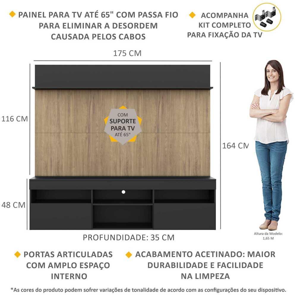 Rack com Painel TV 65" Madri Multimóveis Preto/Rustic com Suporte e Prateleira Preta