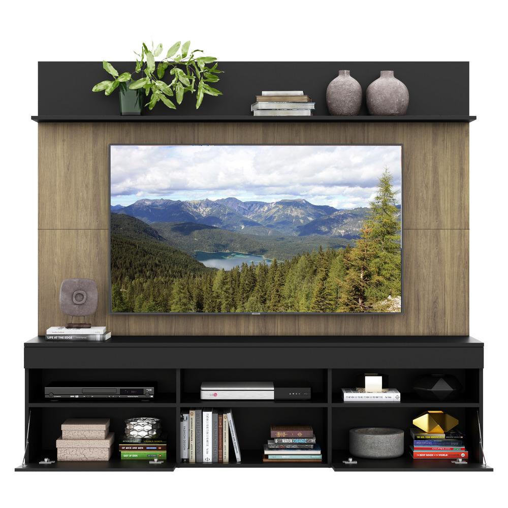 Rack com Painel TV 65" Madri Multimóveis Preto/Rustic com Suporte e Prateleira Preta