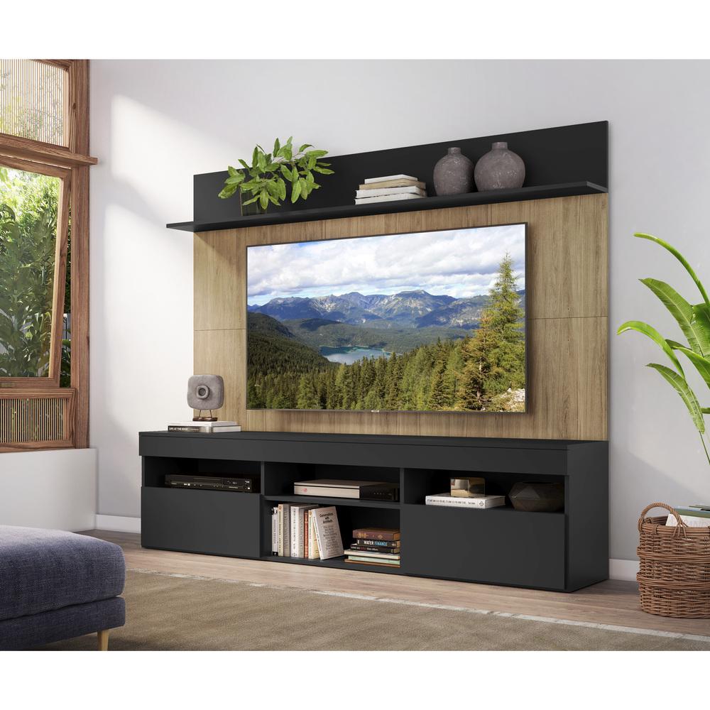 Rack com Painel TV 65" Madri Multimóveis Preto/Rustic com Suporte e Prateleira Preta
