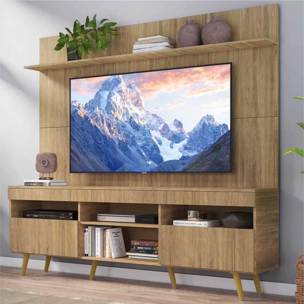 Rack com Painel TV 65" Madri Multimóveis Rustic com Prateleira e Pés Retrô Natural
