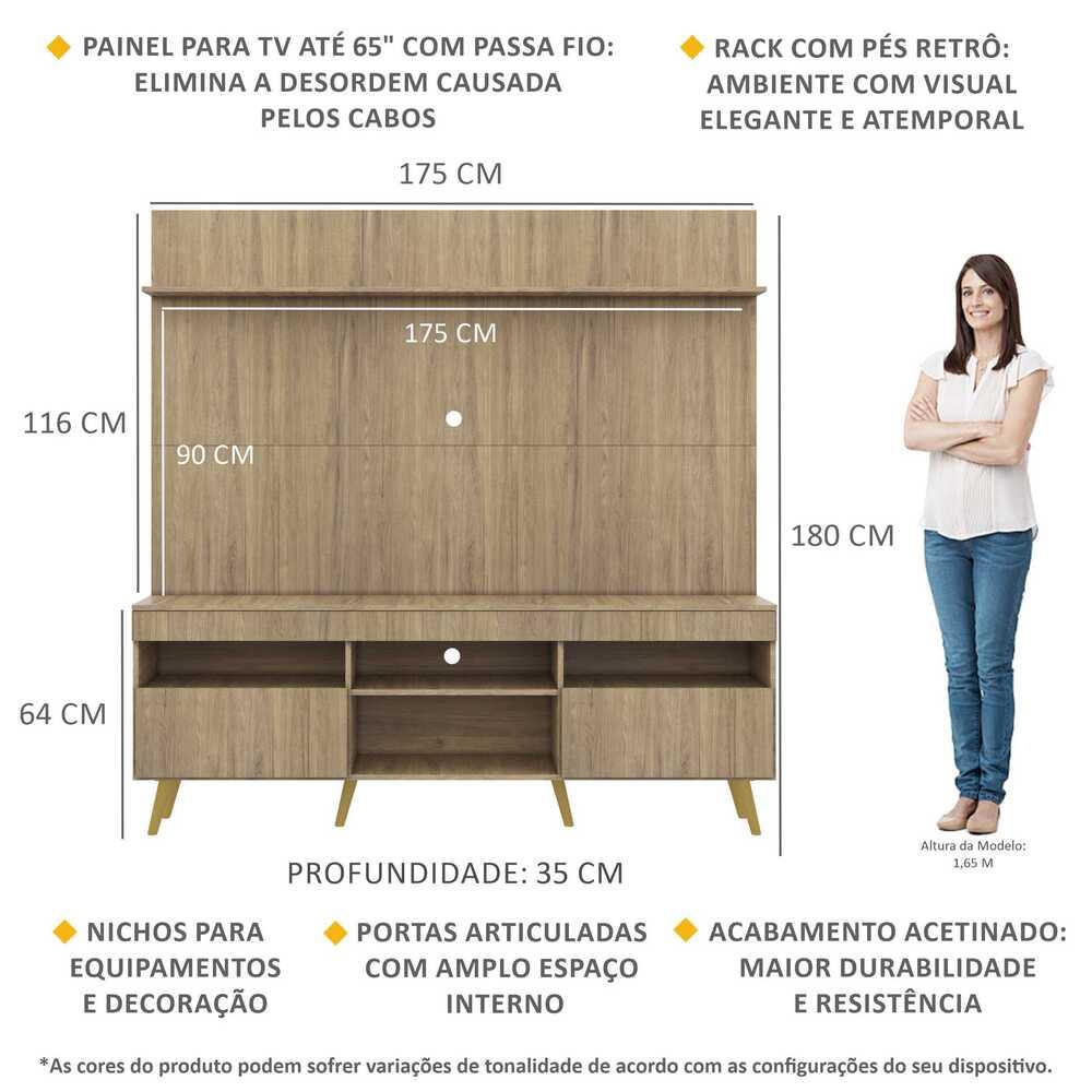 Rack com Painel TV 65" Madri Multimóveis Rustic com Prateleira e Pés Retrô Natural