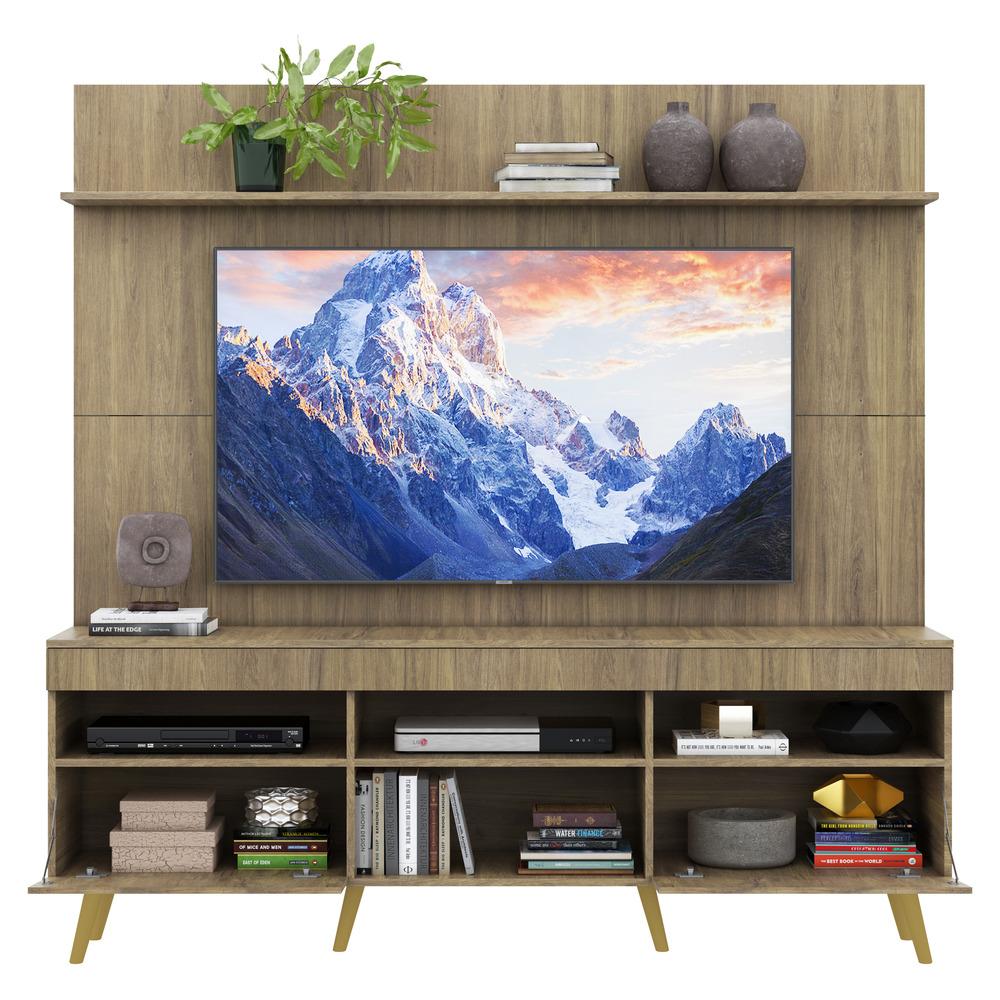 Rack com Painel TV 65" Madri Multimóveis Rustic com Prateleira e Pés Retrô Natural