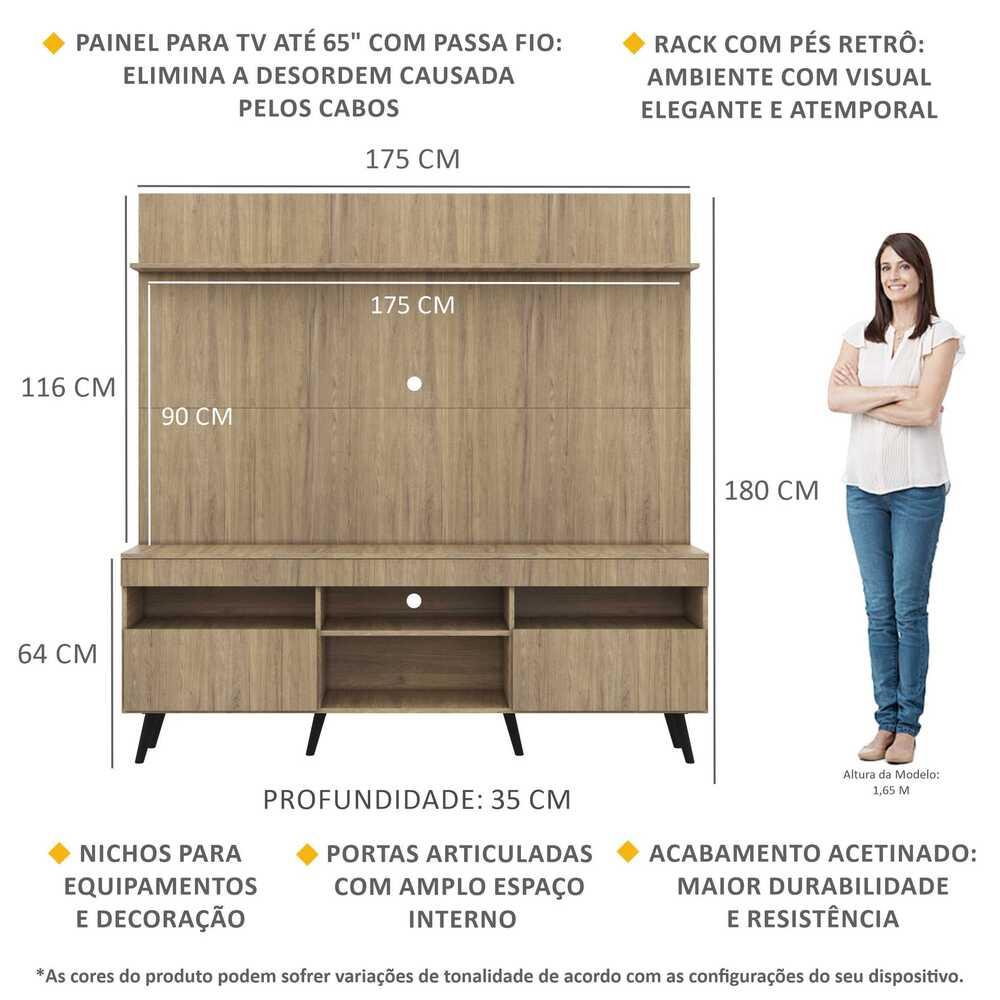 Rack com Painel TV 65" Madri Multimóveis Rustic com Prateleira e Pés Retrô Preto