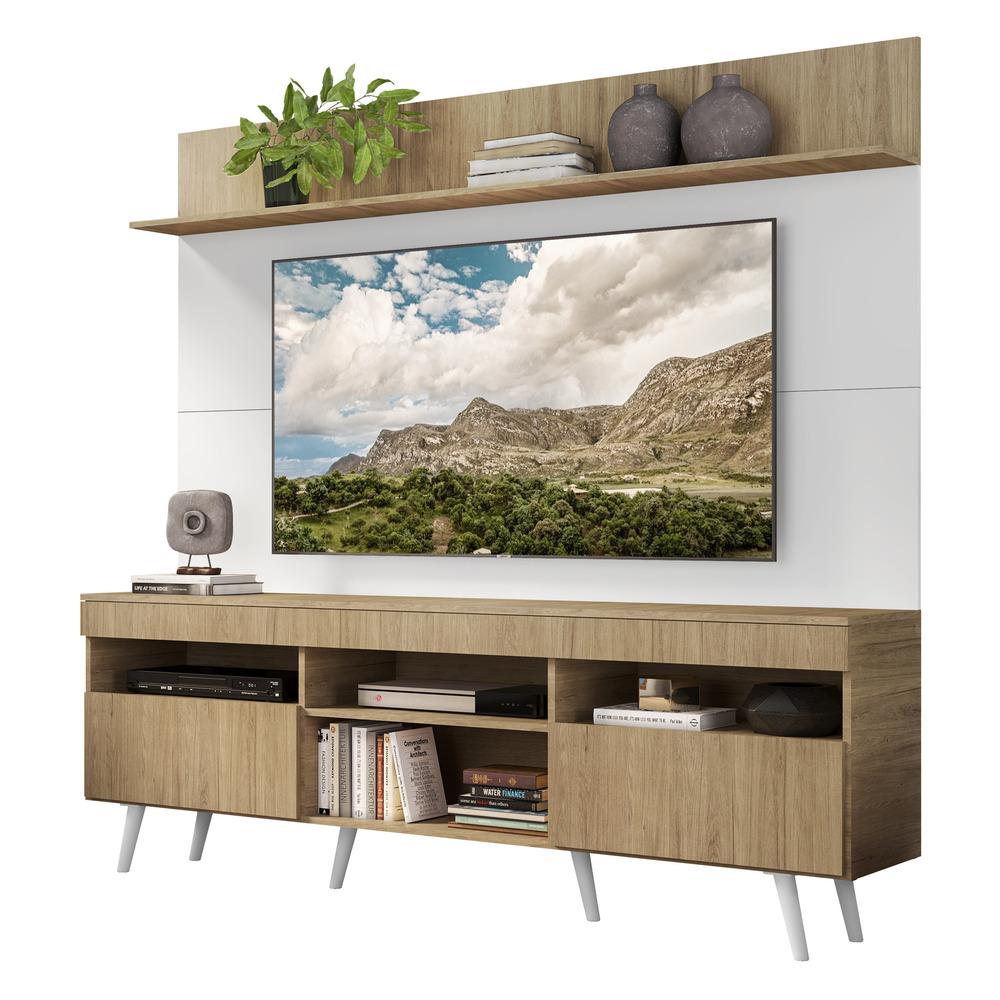Rack com Painel TV 65" Madri Multimóveis Rustic/Branco com Prateleira e Pés Retrô Branco