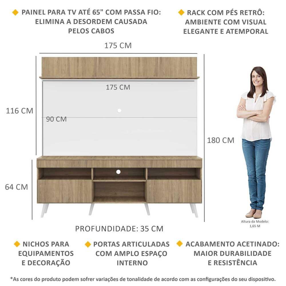 Rack com Painel TV 65" Madri Multimóveis Rustic/Branco com Prateleira e Pés Retrô Branco