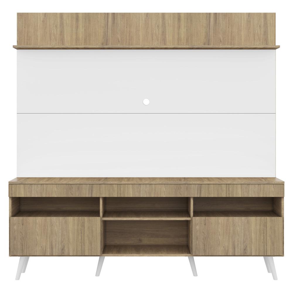 Rack com Painel TV 65" Madri Multimóveis Rustic/Branco com Prateleira e Pés Retrô Branco
