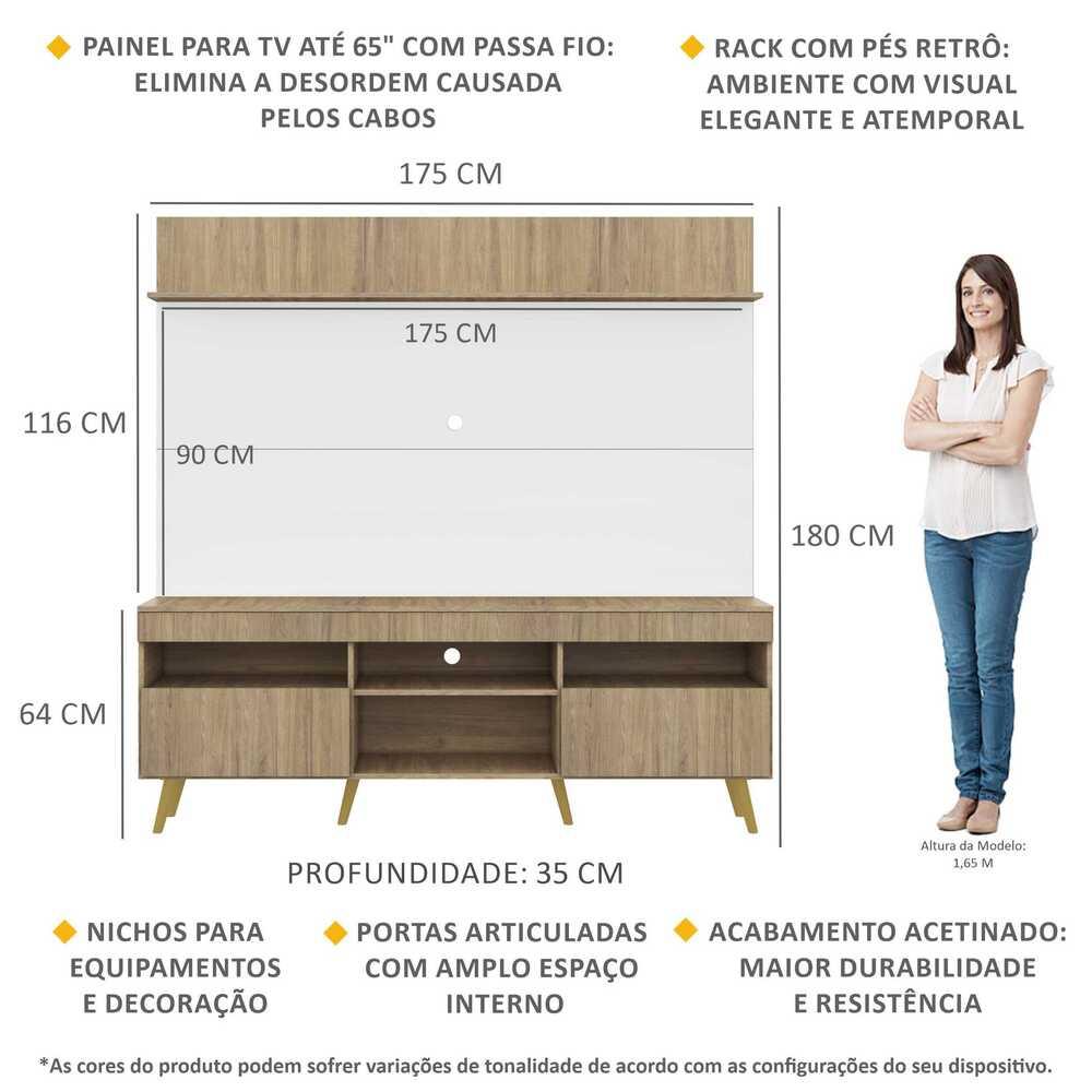 Rack com Painel TV 65" Madri Multimóveis Rustic/Branco com Prateleira e Pés Retrô Natural