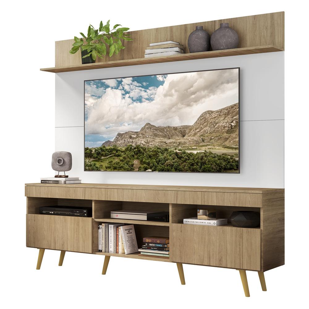 Rack com Painel TV 65" Madri Multimóveis Rustic/Branco com Prateleira e Pés Retrô Natural