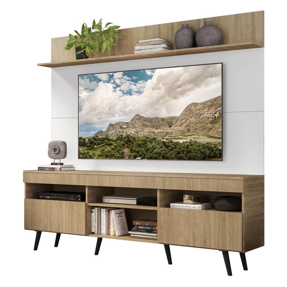 Rack com Painel TV 65" Madri Multimóveis Rustic/Branco com Prateleira e Pés Retrô Preto