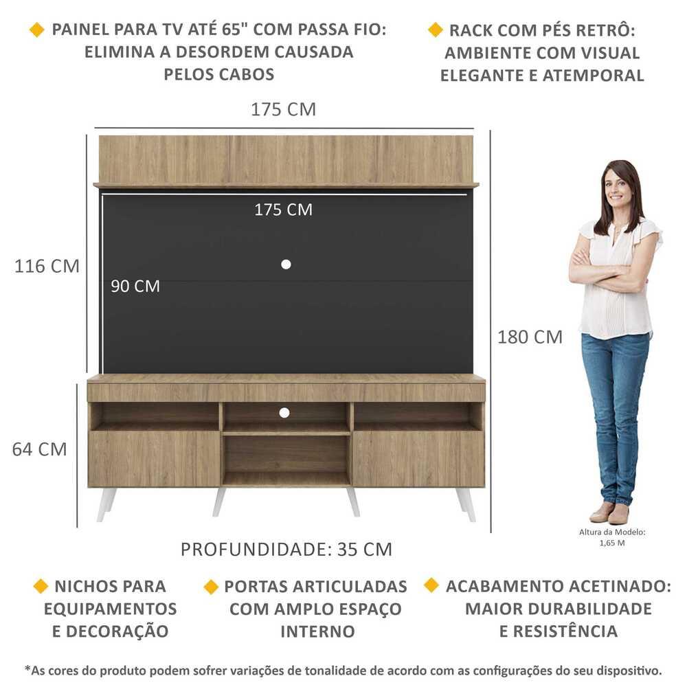 Rack com Painel TV 65" Madri Multimóveis Rustic/Preto com Prateleira e Pés Retrô Branco