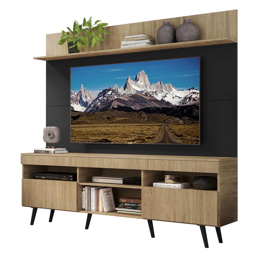 Rack com Painel TV 65" Madri Multimóveis Rustic/Preto com Prateleira e Pés Retrô Preto