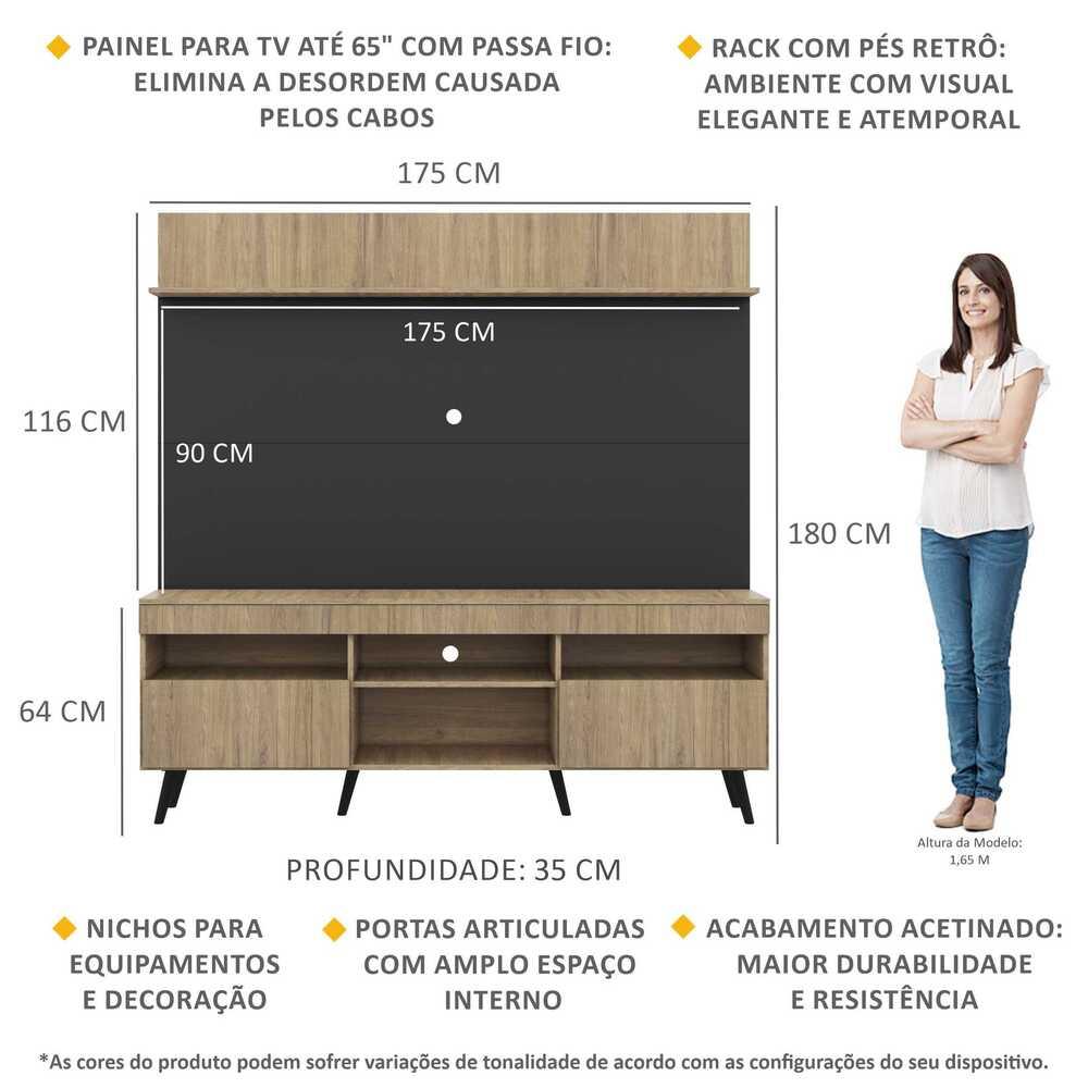 Rack com Painel TV 65" Madri Multimóveis Rustic/Preto com Prateleira e Pés Retrô Preto