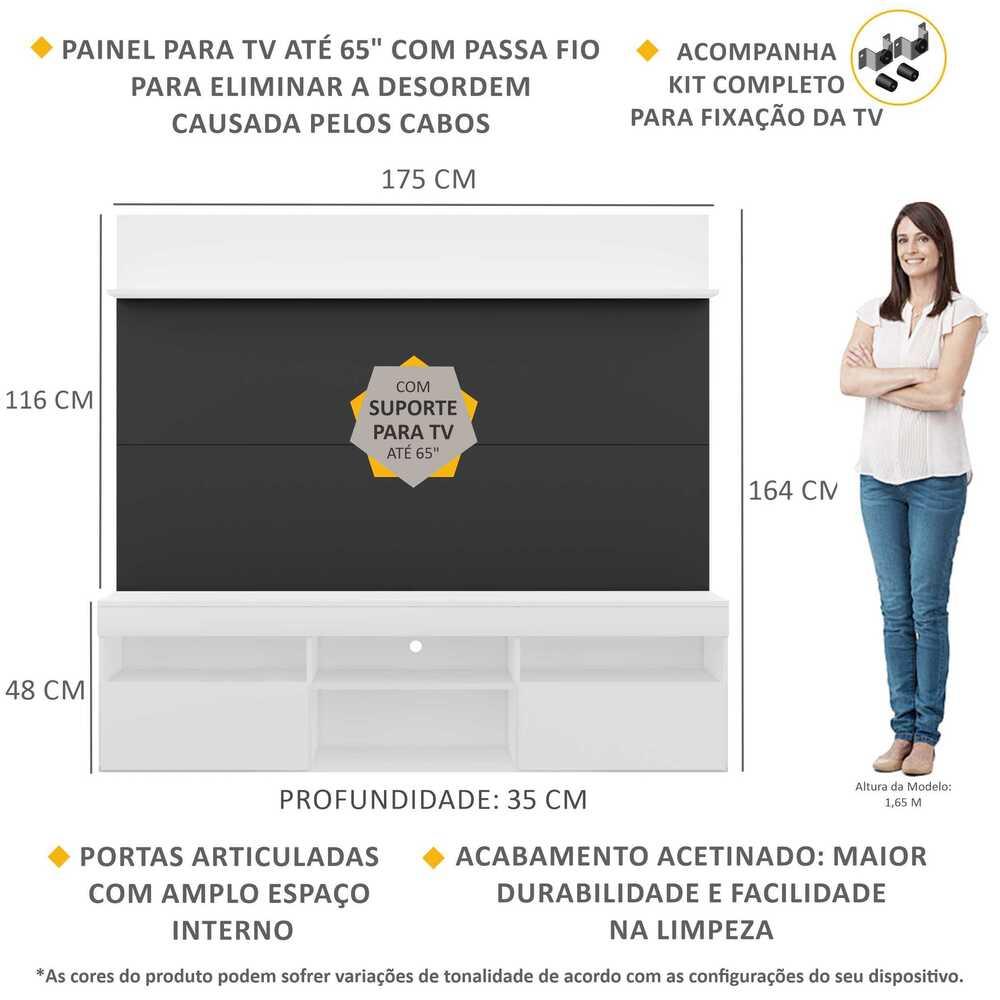Rack com Painel TV 65" Madri Multimóveis com Suporte e Prateleira Branco/Preto