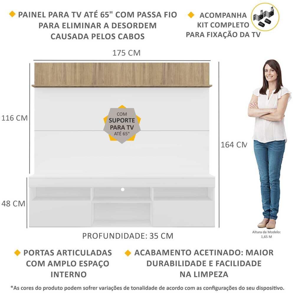 Rack com Painel TV 65" Madri Multimóveis com Suporte e Prateleira Branco/Rustic