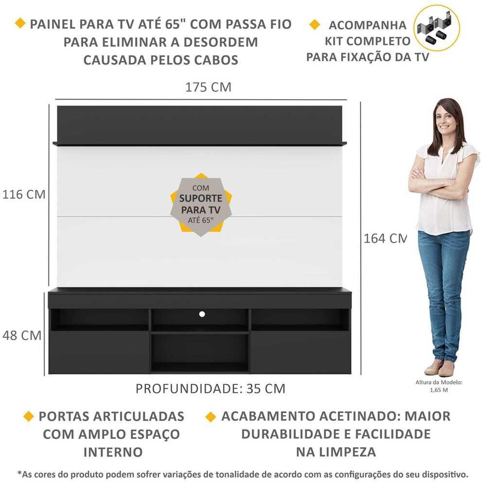Rack com Painel TV 65" Madri Multimóveis com Suporte e Prateleira Preto/Branco