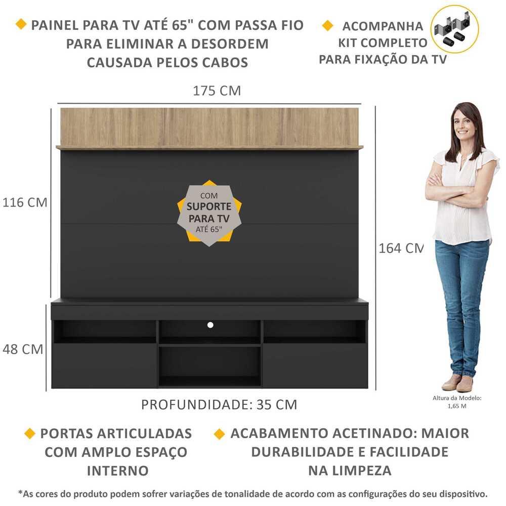 Rack com Painel TV 65" Madri Multimóveis com Suporte e Prateleira Preto/Rustic