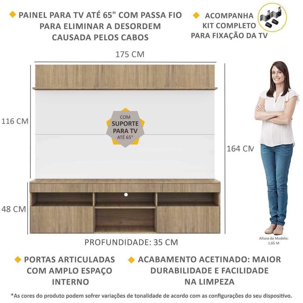 Rack com Painel TV 65" Madri Multimóveis com Suporte e Prateleira Rustic/Branco