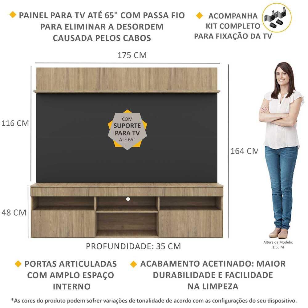 Rack com Painel TV 65" Madri Multimóveis com Suporte e Prateleira Rustic/Preto