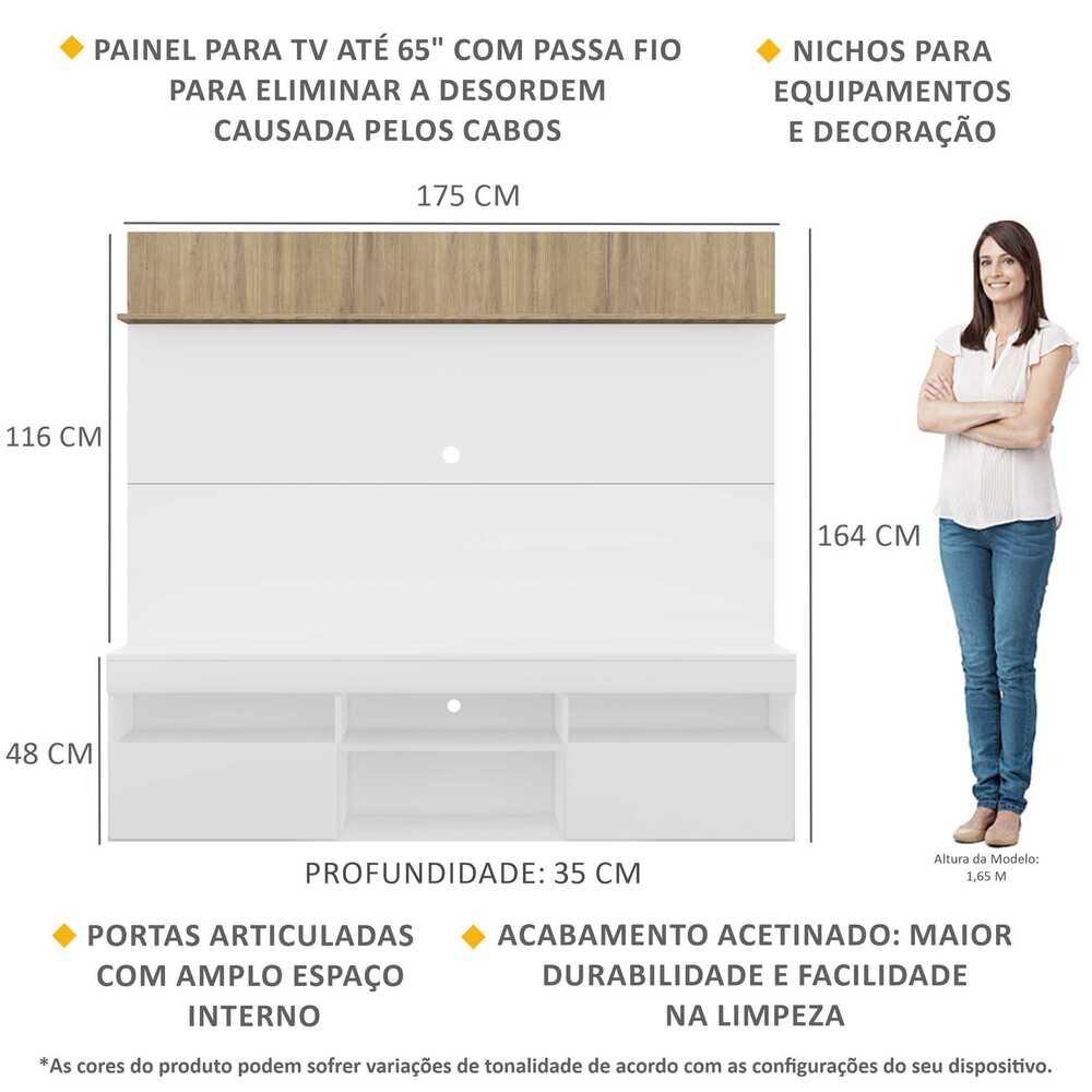 Rack com Painel TV 65" Madri Multimóveis e Prateleira Branco/Rustic