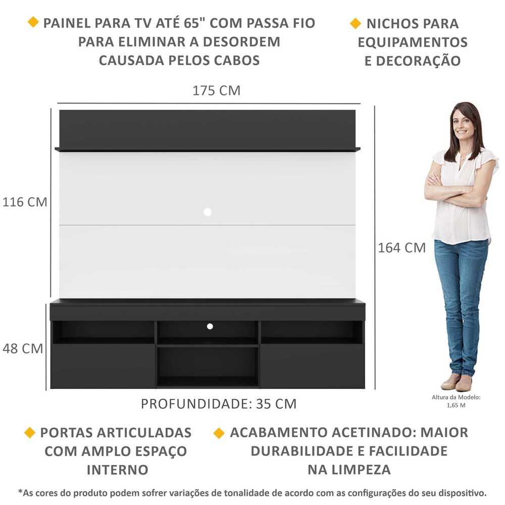 Rack com Painel TV 65" Madri Multimóveis e Prateleira Preto/Branco