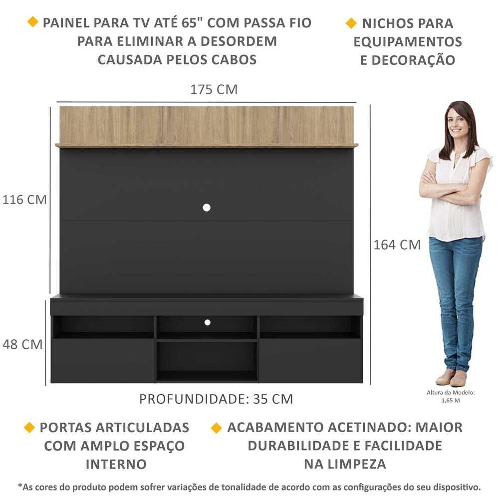 Rack com Painel TV 65" Madri Multimóveis e Prateleira Preto/Rustic