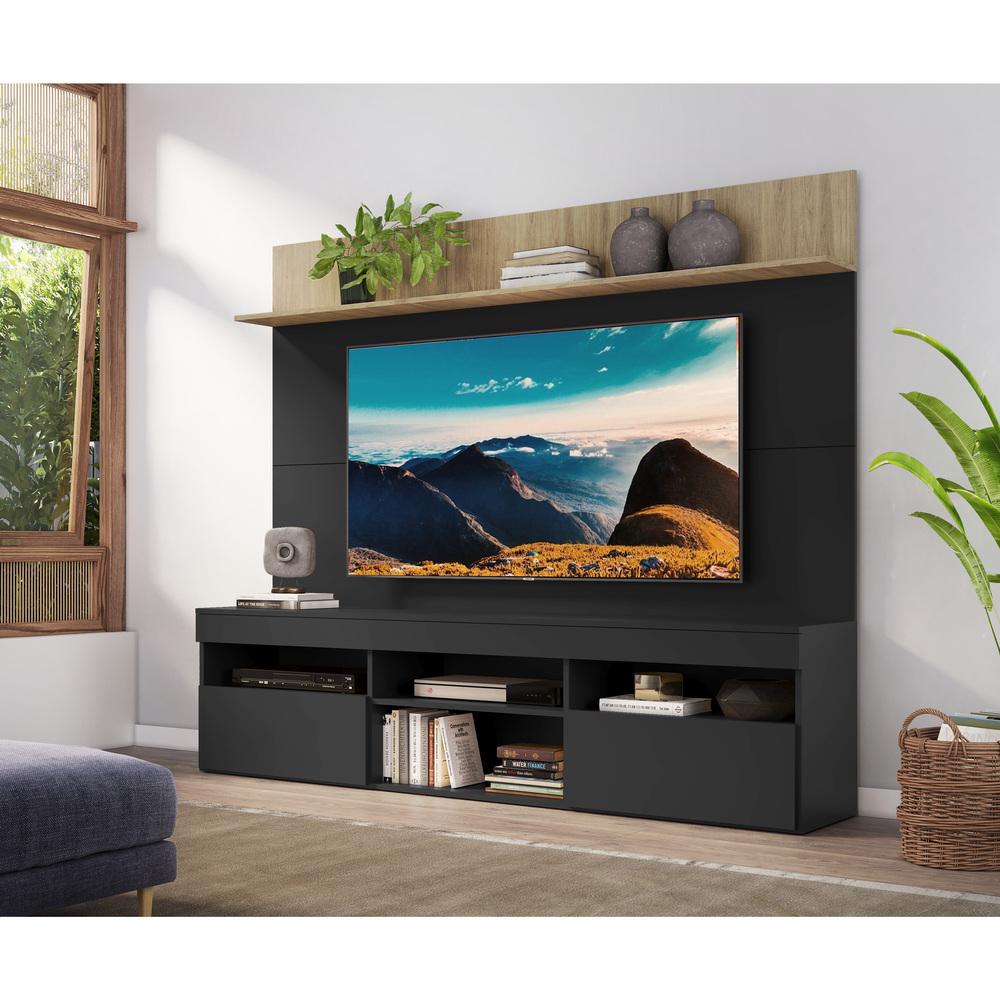 Rack com Painel TV 65" Madri Multimóveis e Prateleira Preto/Rustic