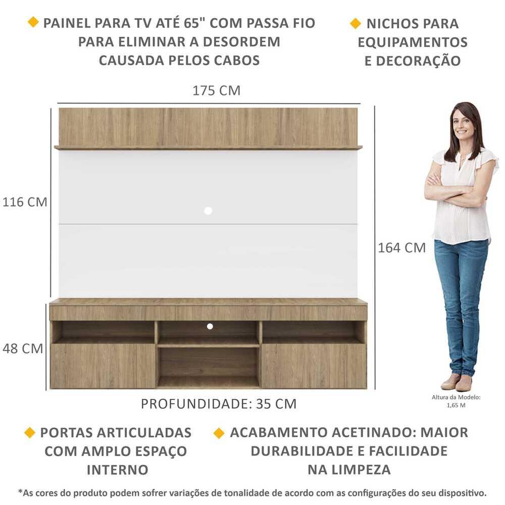 Rack com Painel TV 65" Madri Multimóveis e Prateleira Rustic/Branco