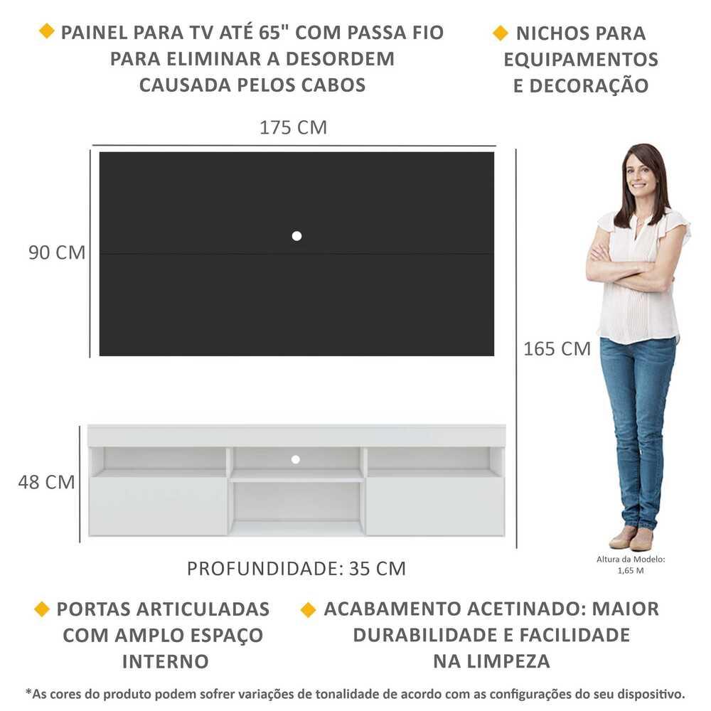 Rack com Painel TV 65" com 2 portas Londres Multimóveis Branco/Preto