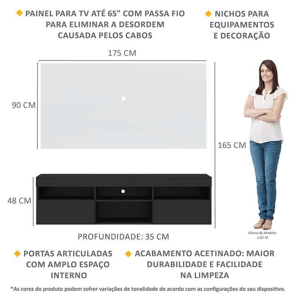 Rack com Painel TV 65" com 2 portas Londres Multimóveis Preto/Branco