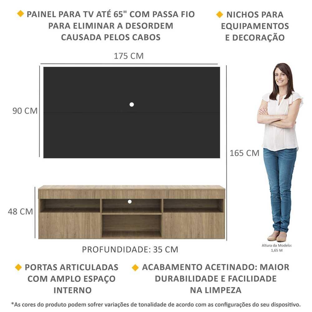 Rack com Painel TV 65" com 2 portas Londres Multimóveis Rustic/Preto