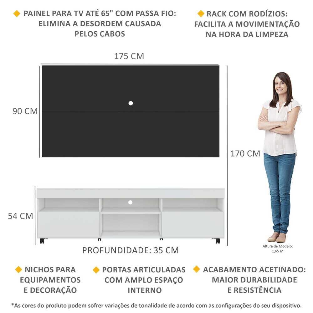Rack com Painel TV 65" com Rodízios e 2 portas Londres Multimóveis Branco/Preto